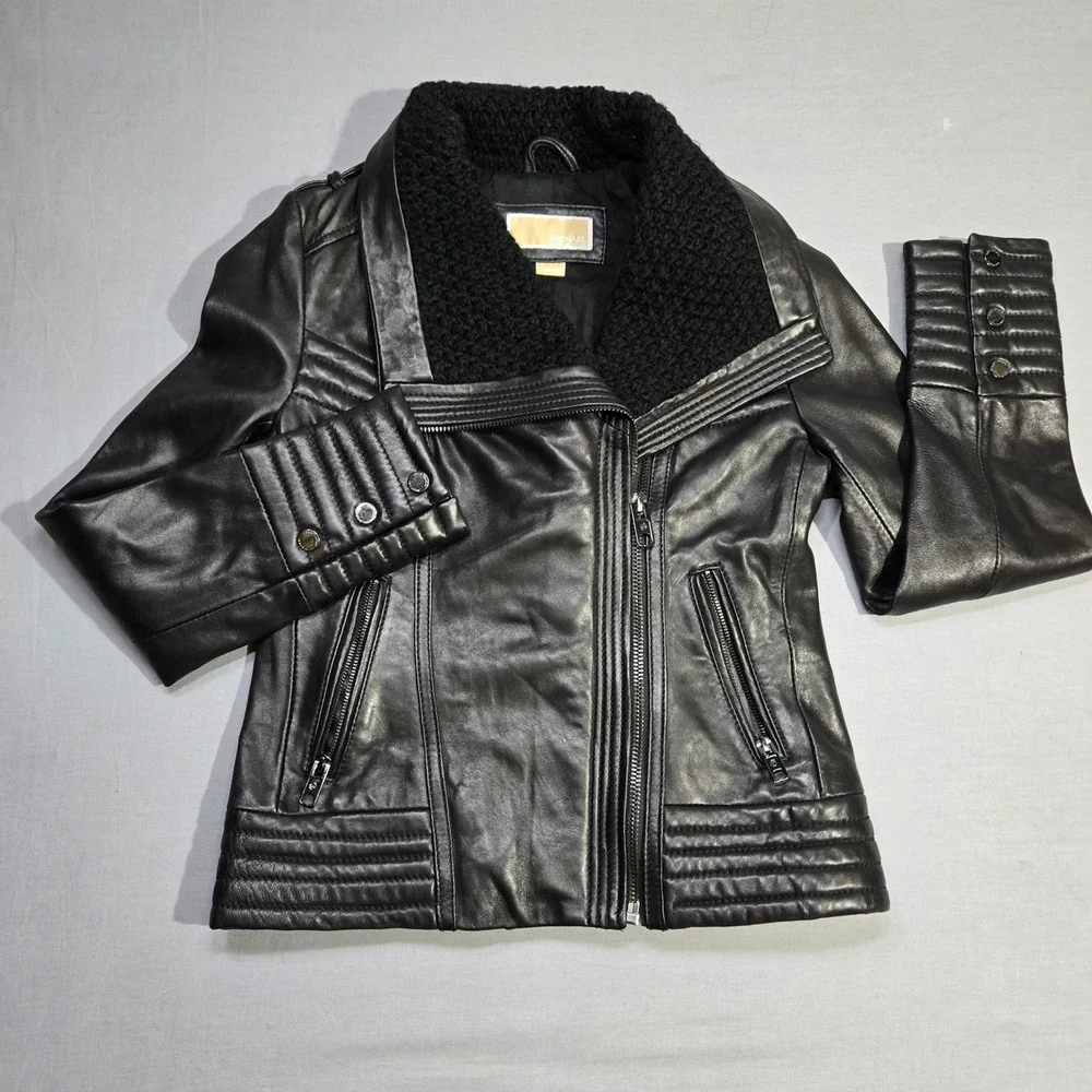 Michael Kors Real Leather Moto Jacket Small Black Asymmetrical‎ Knit Collar Punk
